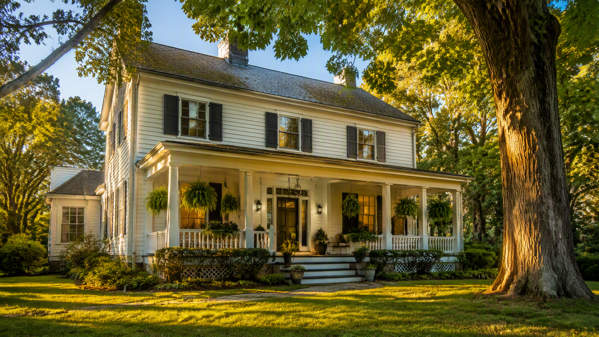 Welcoming Northern New Jersey colonial farmhouse at golden hour