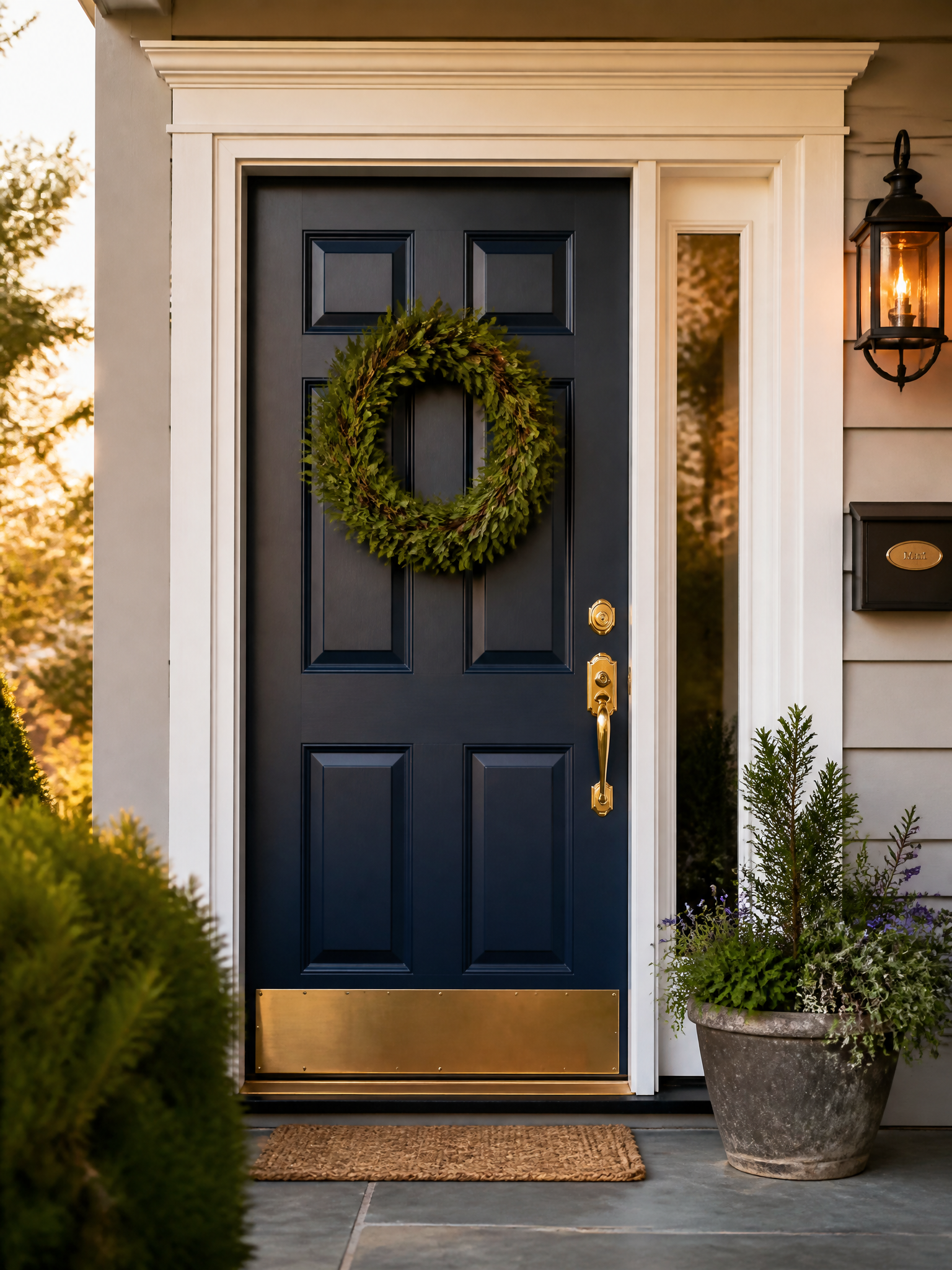 Welcoming front door with a greenery wreath at golden hour