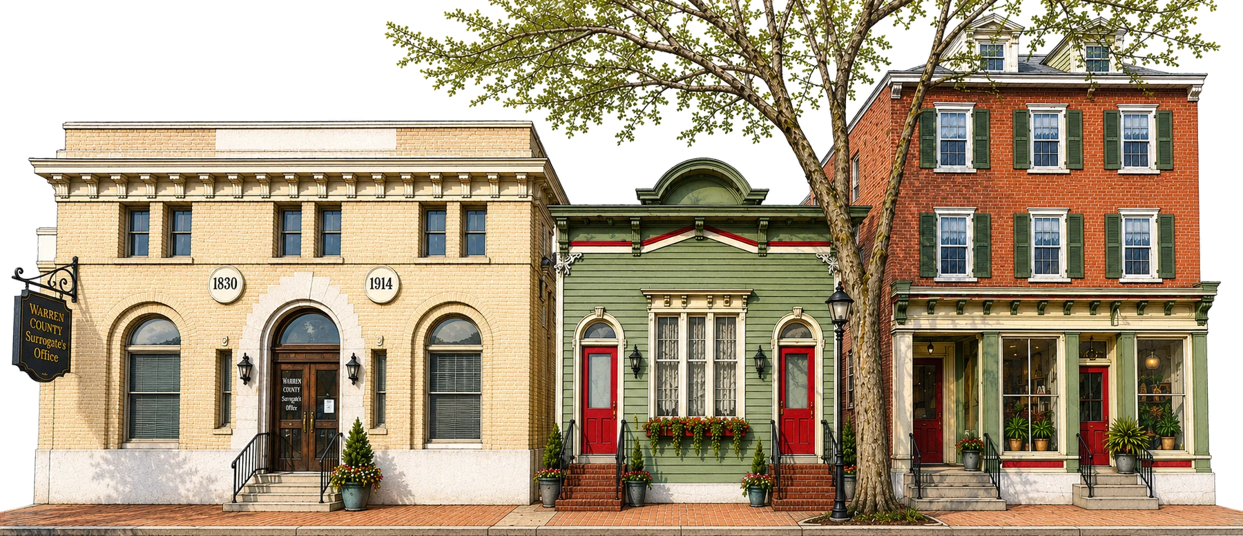 Illustration of a historic Main Street with the Warren County Surrogate's Office, a green Victorian and a red brick storefront